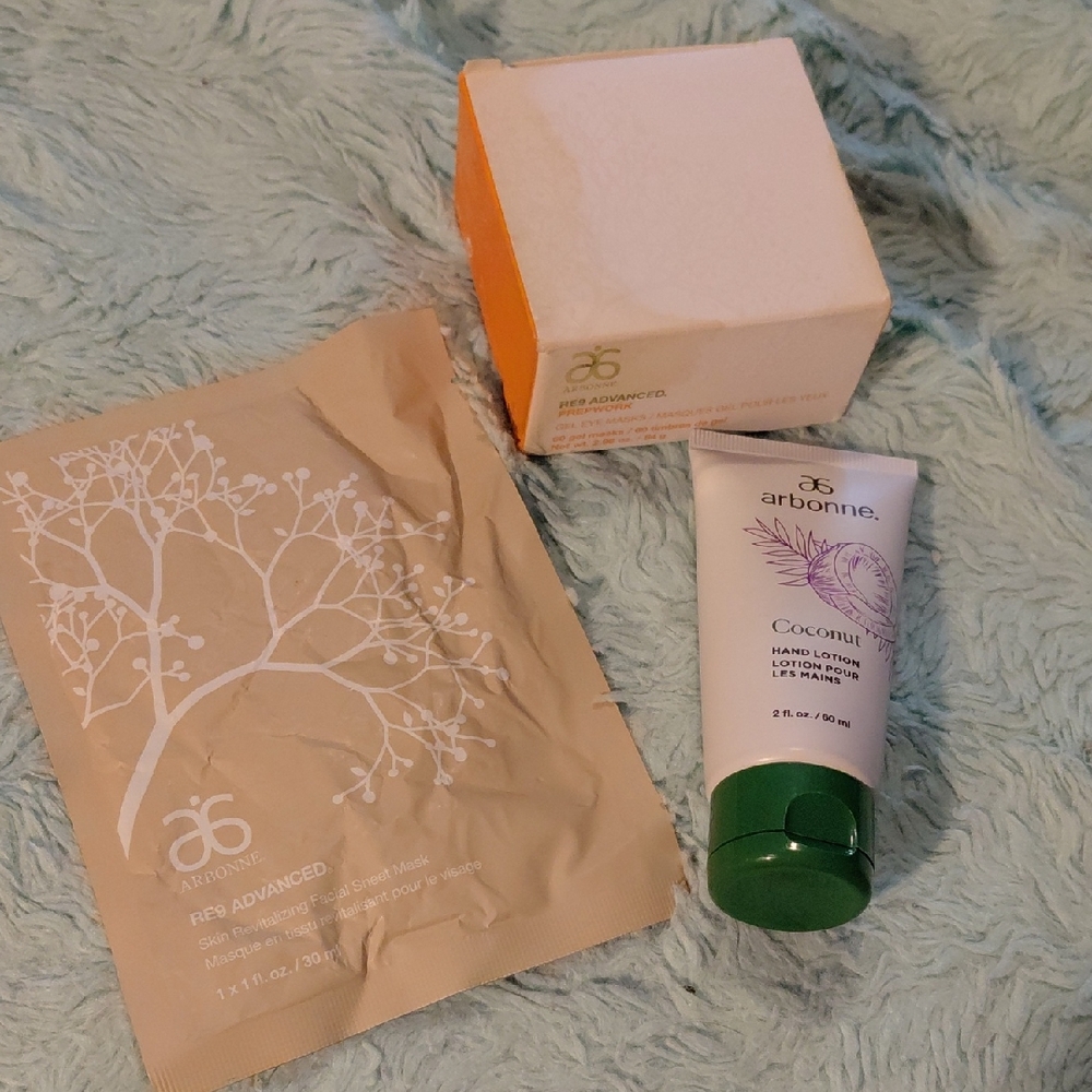 Arbonne Lot- Hand Lotion, Sheet Mask, Eye Masks